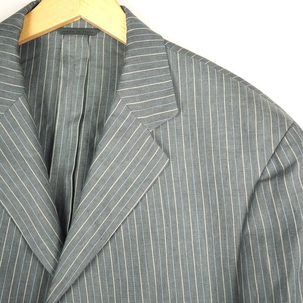John Varvatos 100% Linen Three Button Blazer US 44L Gray Pinstripe Unlined READ